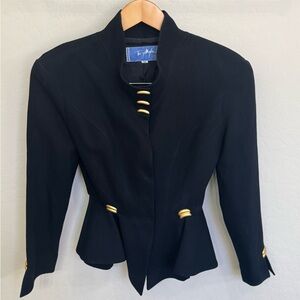 Vintage Thierry Mugler Women’s 100% Wool Black Peplum Jacket w/ Gold Accents